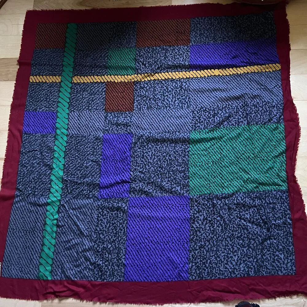 Vintage Rodier Scarf wool multicolor oversize blue burgundy 50 x 53